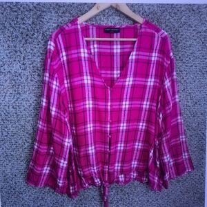 Lane Bryant Hot Pink Plaid V-Neck Tie-Hem Blouse